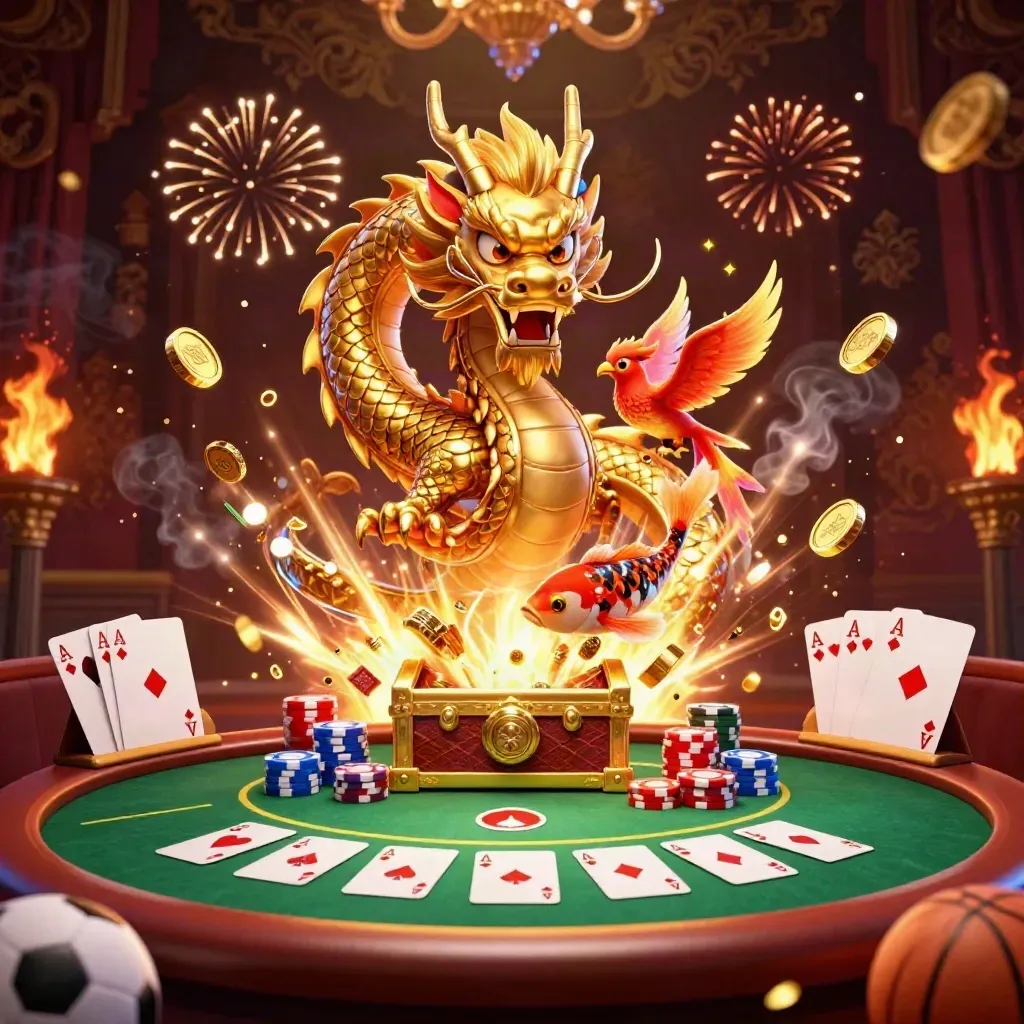 Golden dragon with phoenix and koi amid poker chips, coins, fireworks, and casino treasures.