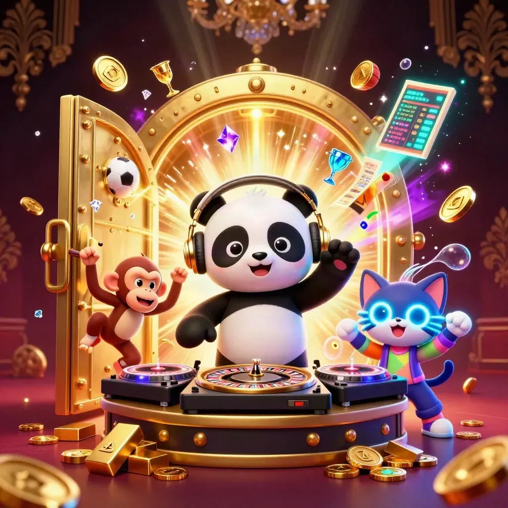 DJ panda, monkey, and glow-stick kitten erupt from a vault with gold loot and neon casino energy.