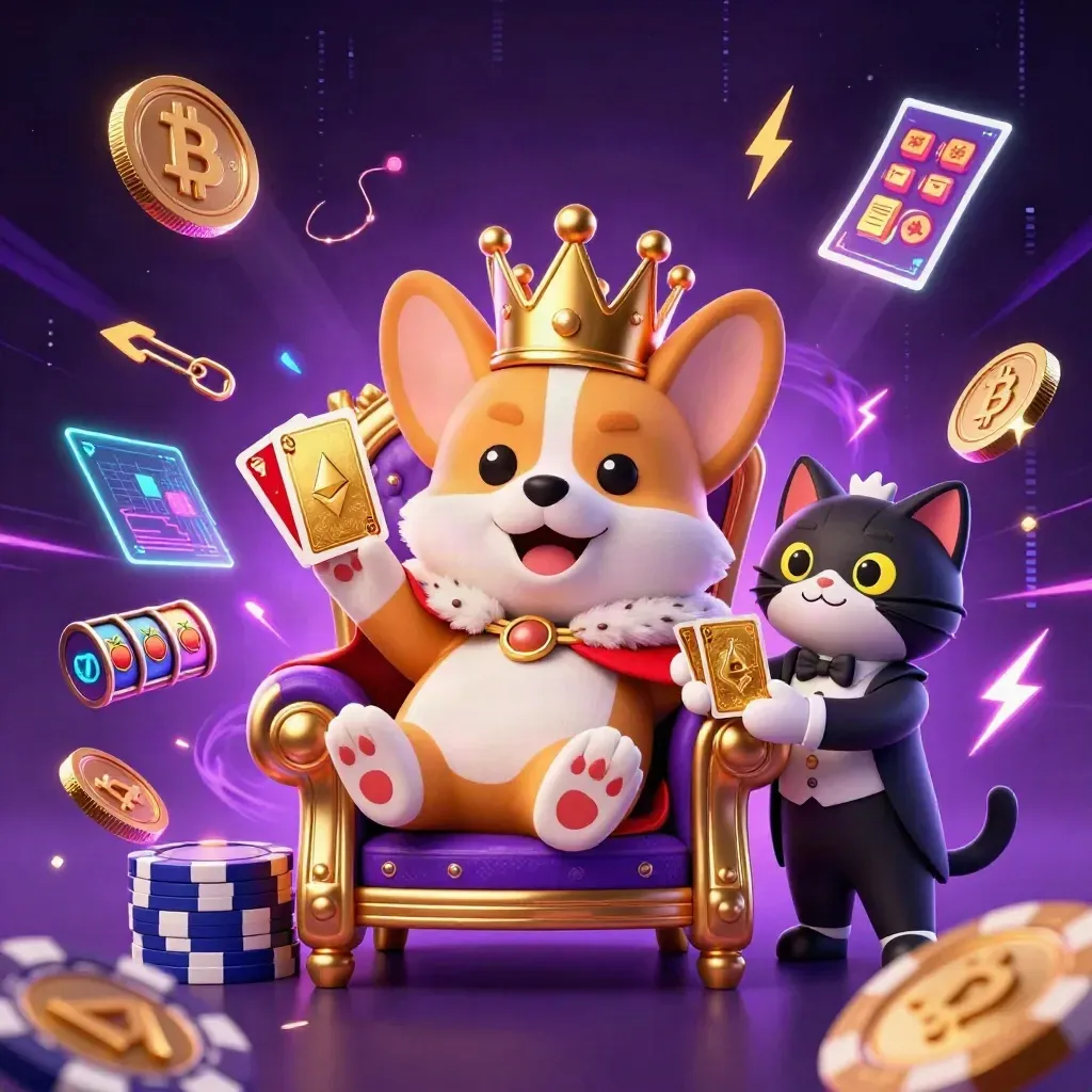 Royal corgi on chip throne with cat butler amid neon coins, reels, lightning, and purple void.