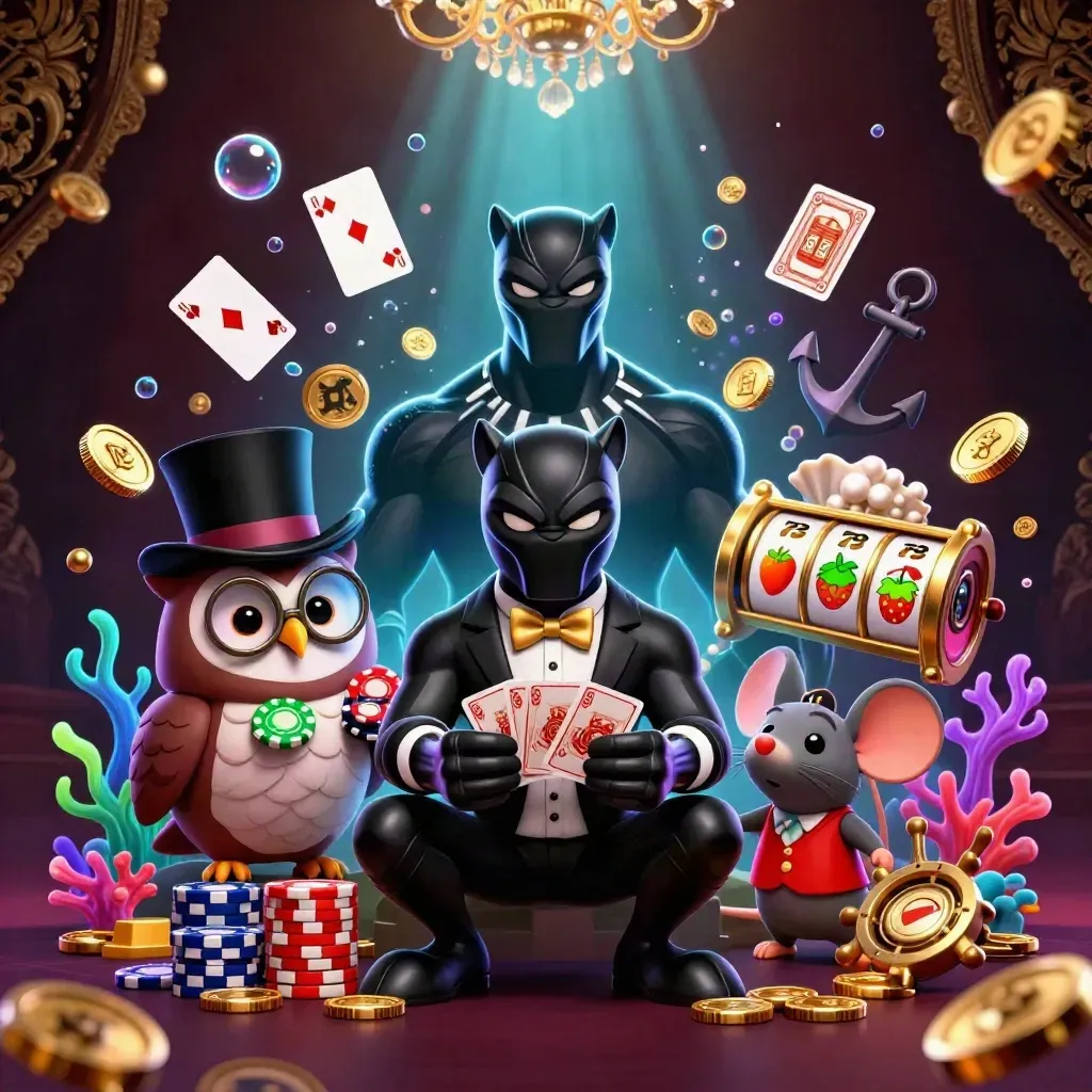 Panther, owl, and mouse in casino attire amid treasure cove glow, cards, coins, and slot reels.
