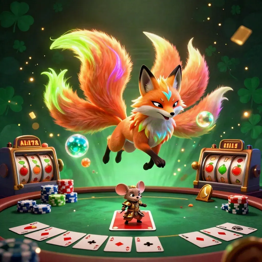 Neon fox spirit and armored mouse amid casino relics, chips, reels, and glowing lucky symbols.