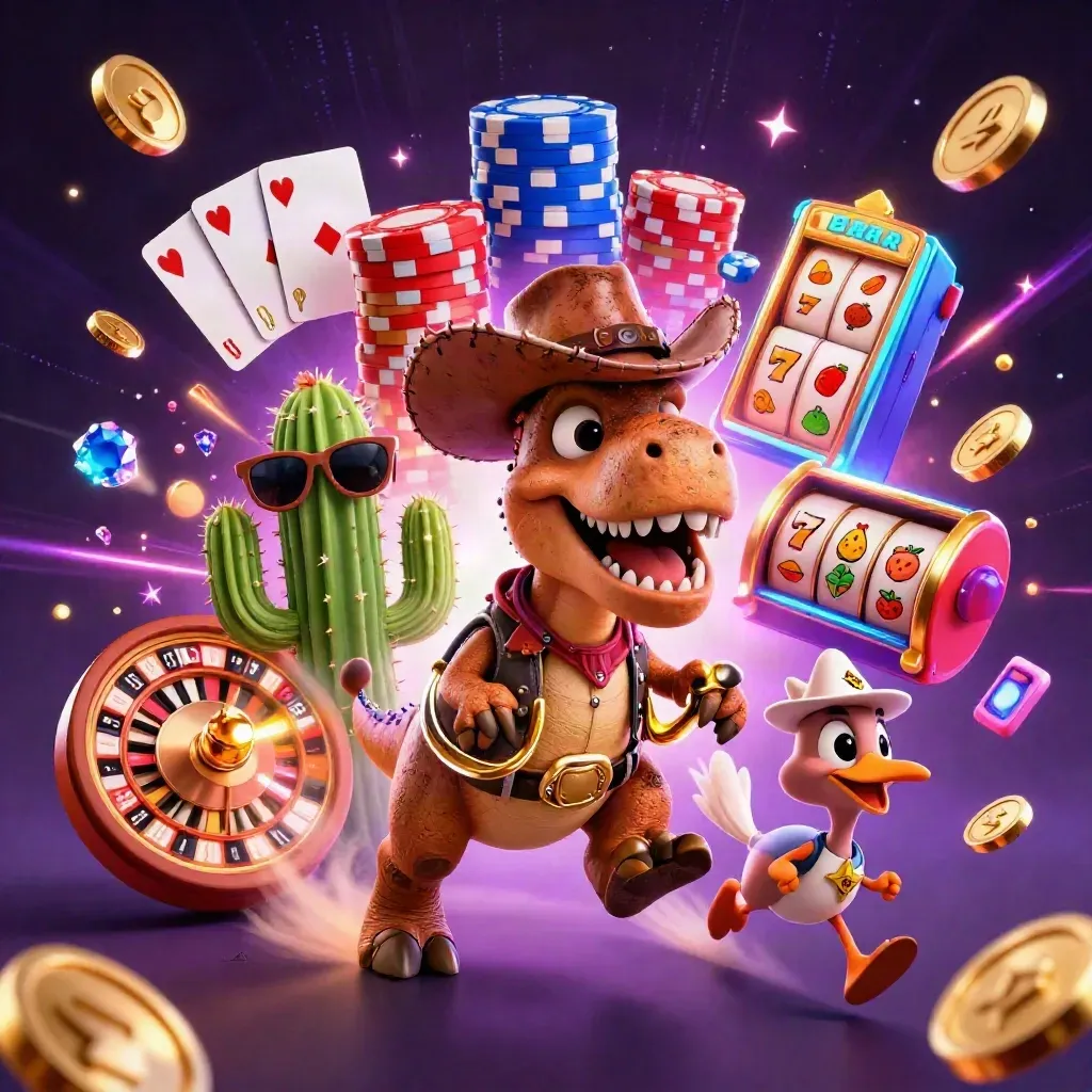 Neon cowboy T-Rex, cactus, and roadrunner amid casino coins, chips, cards, and slot glow.
