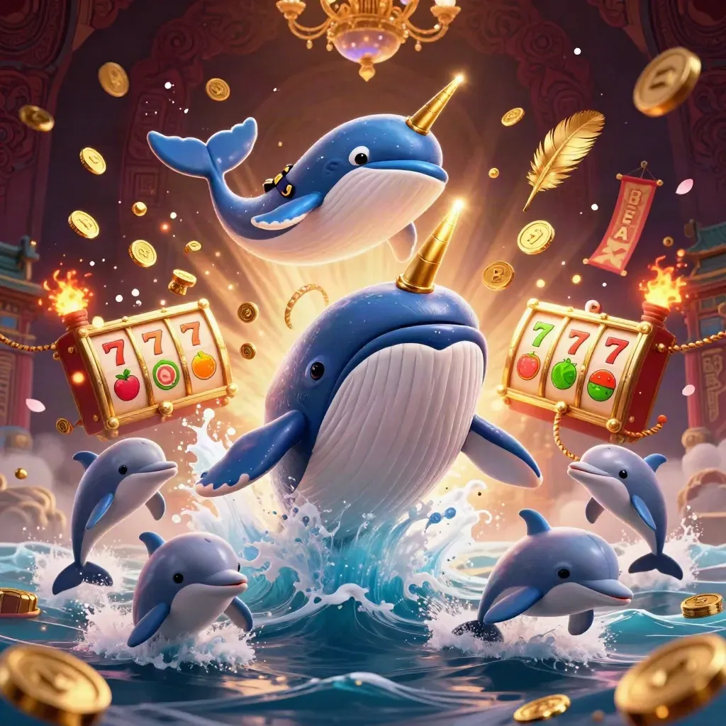 Captain whale, narwhal and dolphins amid casino coins, reels and temple gate
