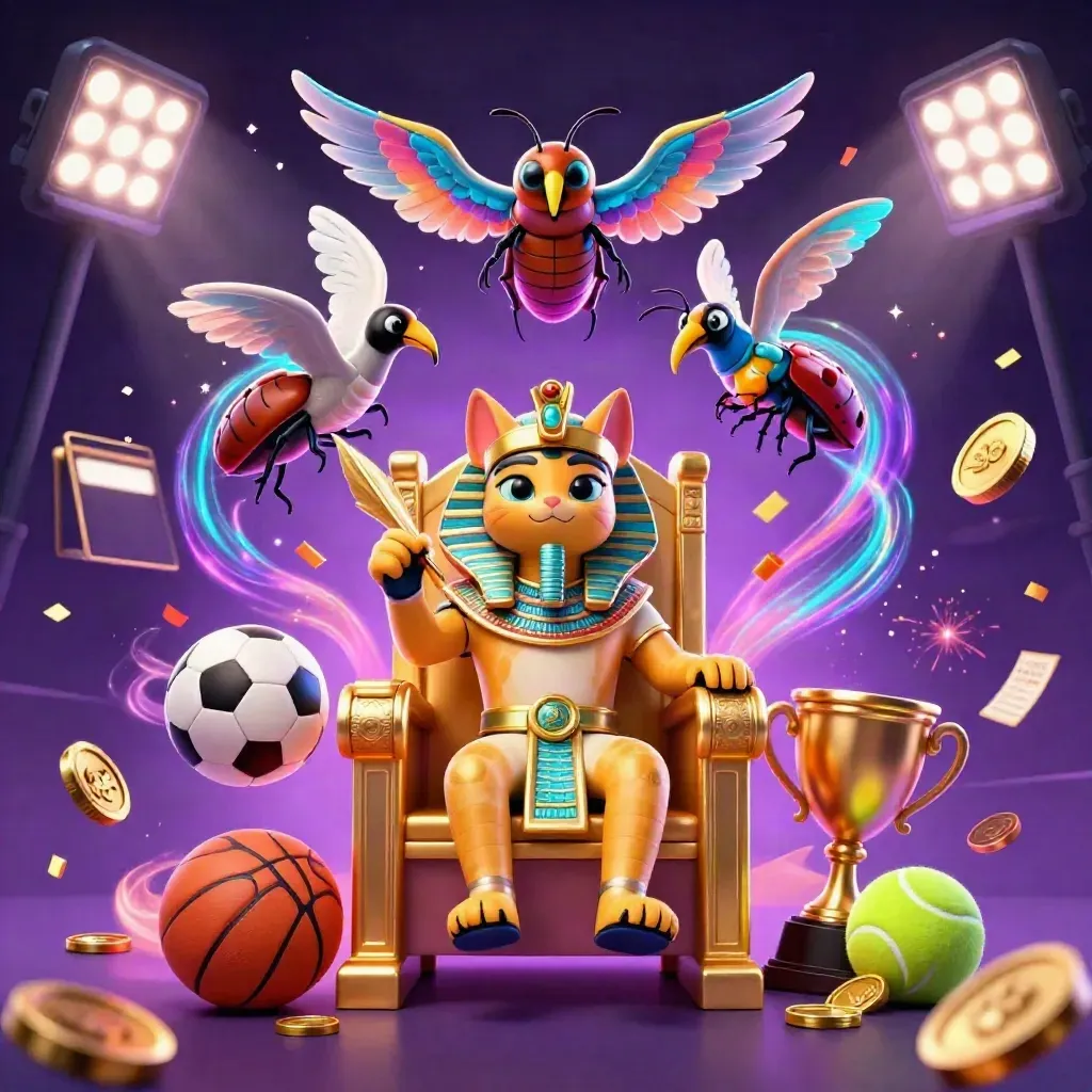Pharaoh cat, ibis scribe and scarabs amid casino gold, sports balls and neon sparks