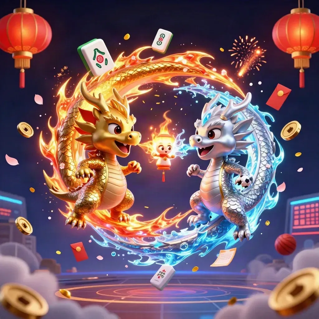 Twin gold and silver dragons with a lantern spirit amid casino icons and neon sparks.