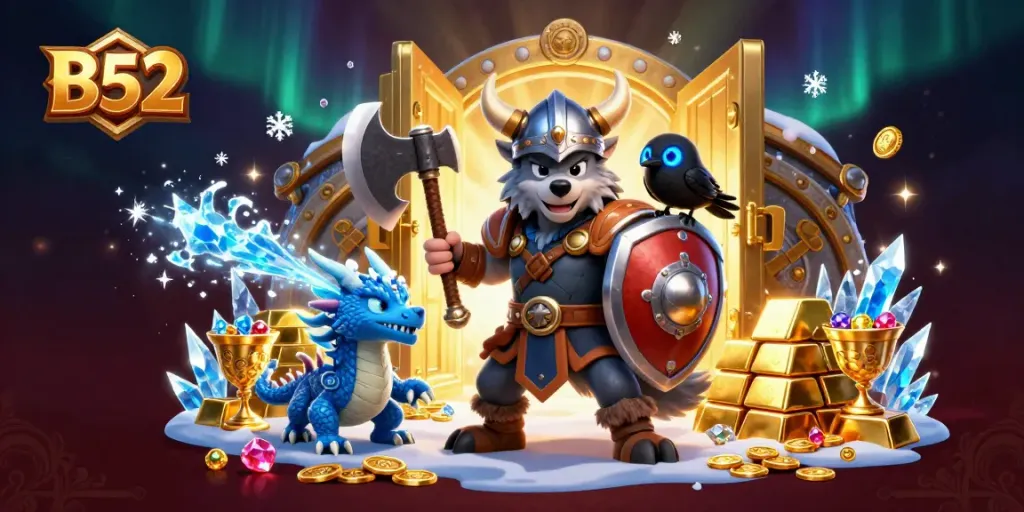 A captivating scene of a Viking wolf warrior, dragon, and raven celebrating B52's thrilling gaming experience.