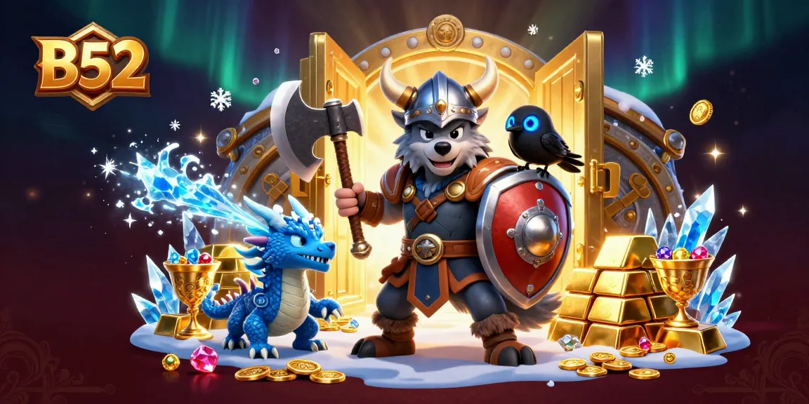 A captivating scene of a Viking wolf warrior, dragon, and raven celebrating B52's thrilling gaming experience.