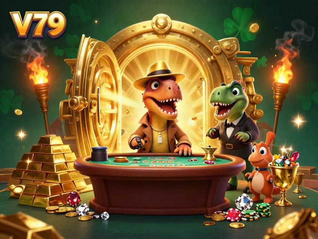 Experience thrilling gameplay at V79 as playful dinosaurs engage in fun card games surrounded by treasure.