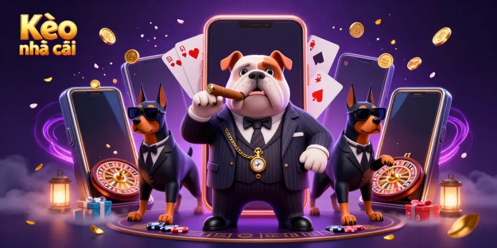 Engage with the Kèo nhà cái scene featuring a mafia bulldog and dynamic casino symbols.