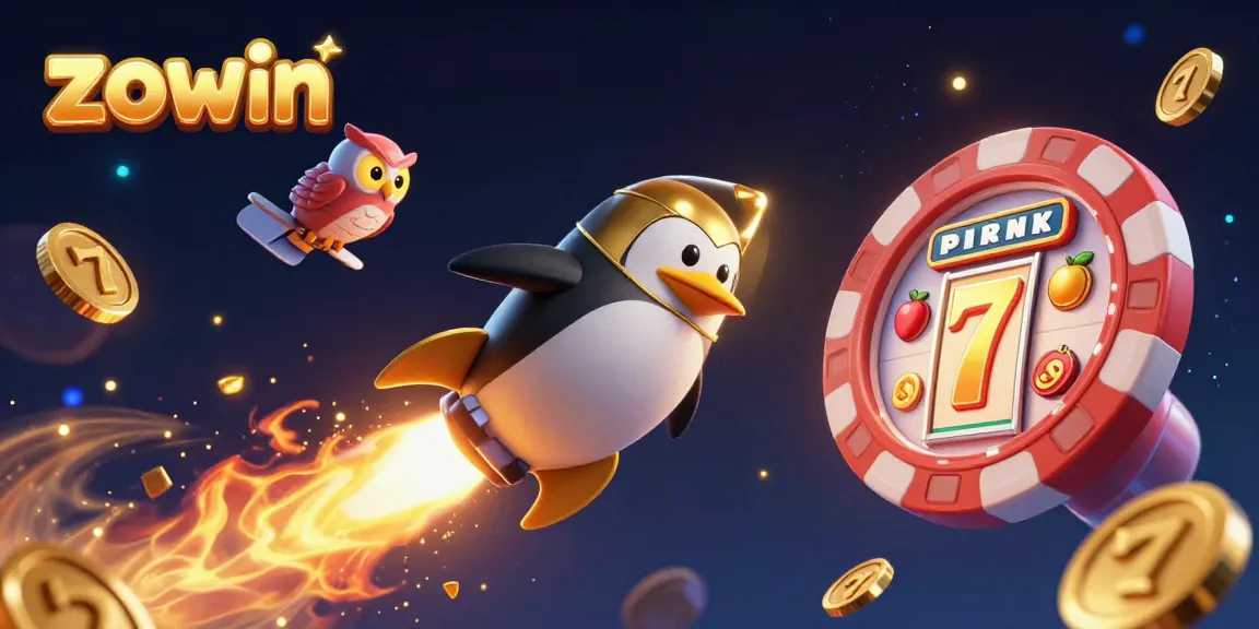 Zowin's golden penguin reaches for jackpots amidst vibrant casino chaos.