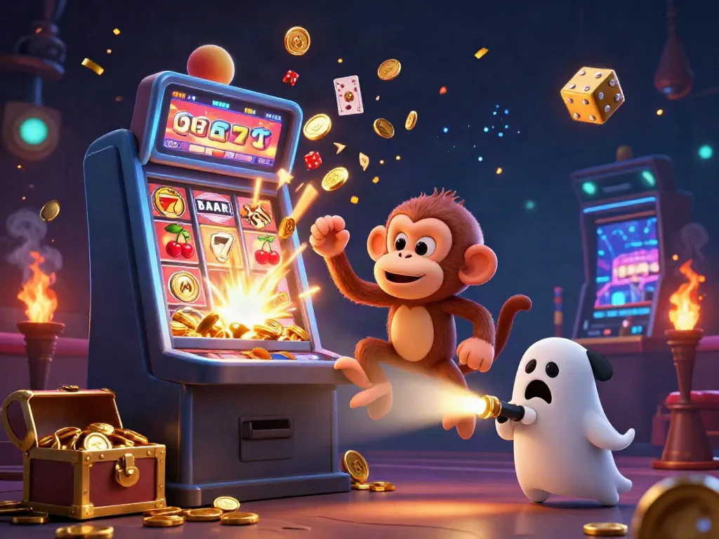 Experience thrilling gaming adventures with tx88 as a playful poltergeist monkey juggles golden casino items amidst a vibrant atmosphere.