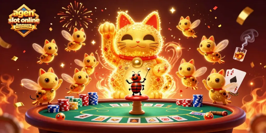 Spin the reels with agen slot online bonus terbesar illustrated as a giant lucky cat surrounded by casino elements.