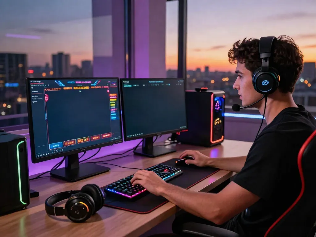 Gamer enjoying online tx88 betting games setup with vibrant screens and gaming accessories.