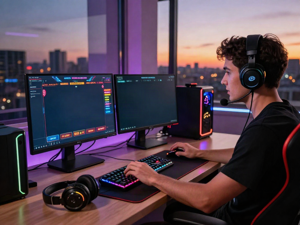 Gamer enjoying online tx88 betting games setup with vibrant screens and gaming accessories.