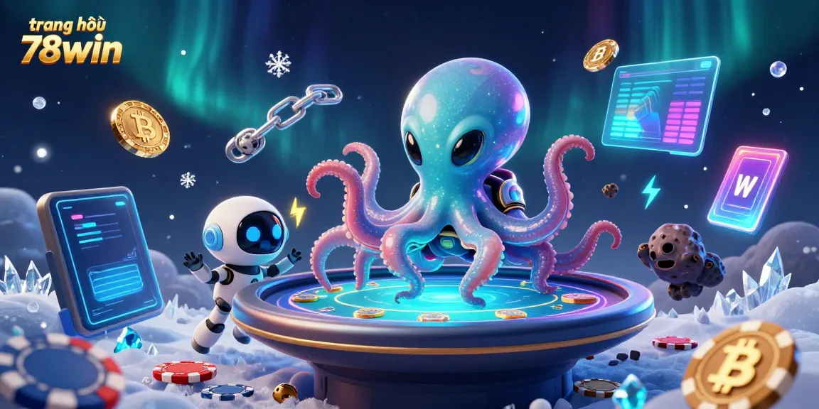 Engage with the vibrant experience of trang chủ 78win, where an alien octopus plays poker surrounded by crypto elements and lively design.