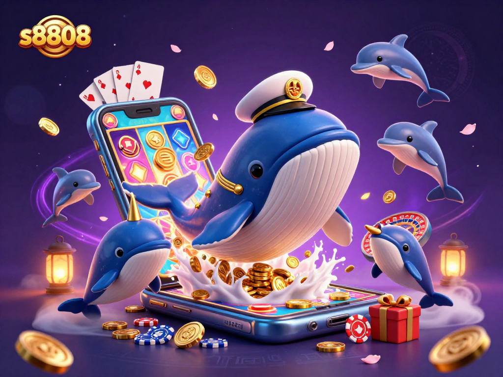 S8808 offers exciting rewards as a gigantic whale breaches the surface of gold coins, showcasing the thrill of gaming.