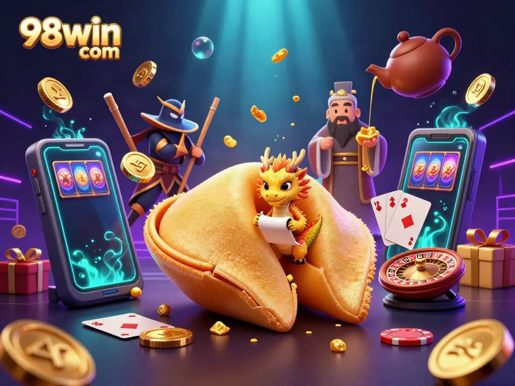 Experience thrilling gaming action with 98win com's colorful slot game riches among fortune cookies and a wise dragon.