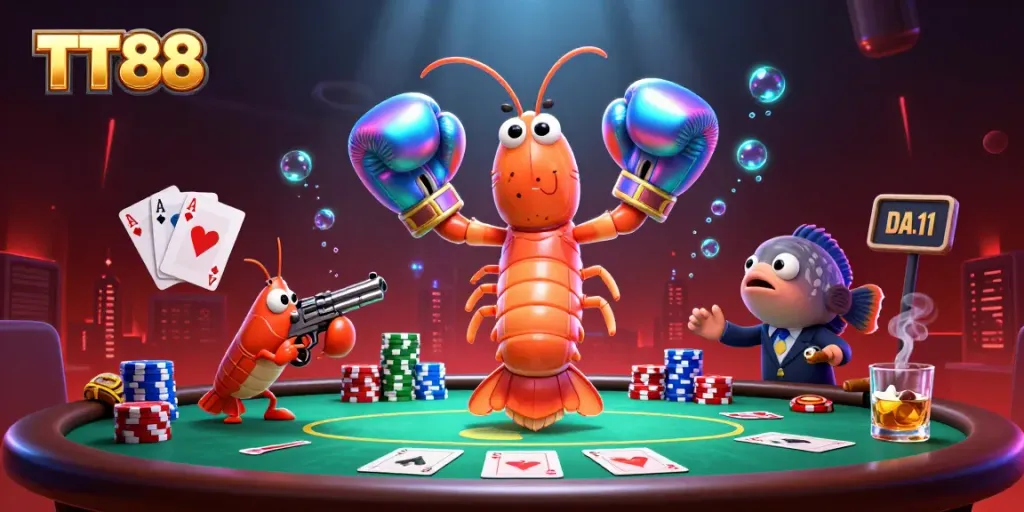 Experience the excitement of TT88's vibrant casino scene with cartoon mantis and poker elements.