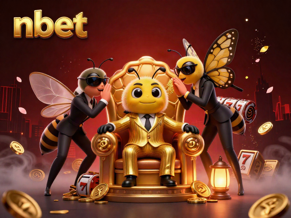 Experience the excitement of nbet casino with a dynamic scene of characters amidst slot reels and gold coins.