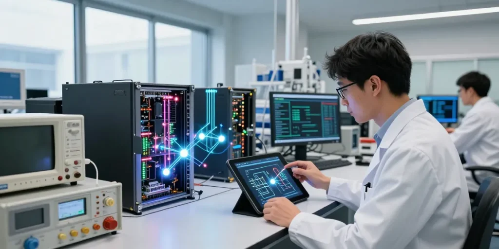 Scientist exploring quantum computing technology with qubits and digital diagrams in a modern lab setting.
