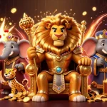 Experience excitement at sc88 with a cartoon lion king, elephant advisor, and cheetah messenger in a vibrant casino scene.