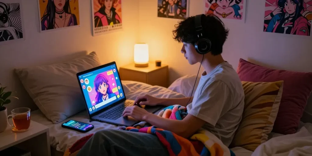 User engaging in NSFW AI chat with animated avatars in a cozy bedroom, focused and immersed in digital interaction.