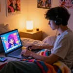 User engaging in NSFW AI chat with animated avatars in a cozy bedroom, focused and immersed in digital interaction.