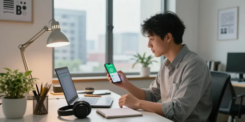 Engaging workspace scene with smartphone showing WhatsApp下載, professional user connected in modern office.