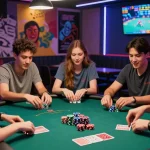 Exciting KO66 casino gaming scene with friends at a poker table.