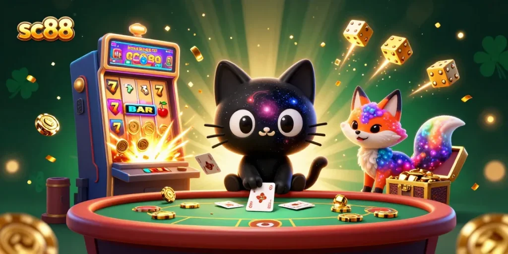 Experience thrilling action at sc88 with a vibrant cosmic casino scene featuring a black hole cat and a nebula fox.