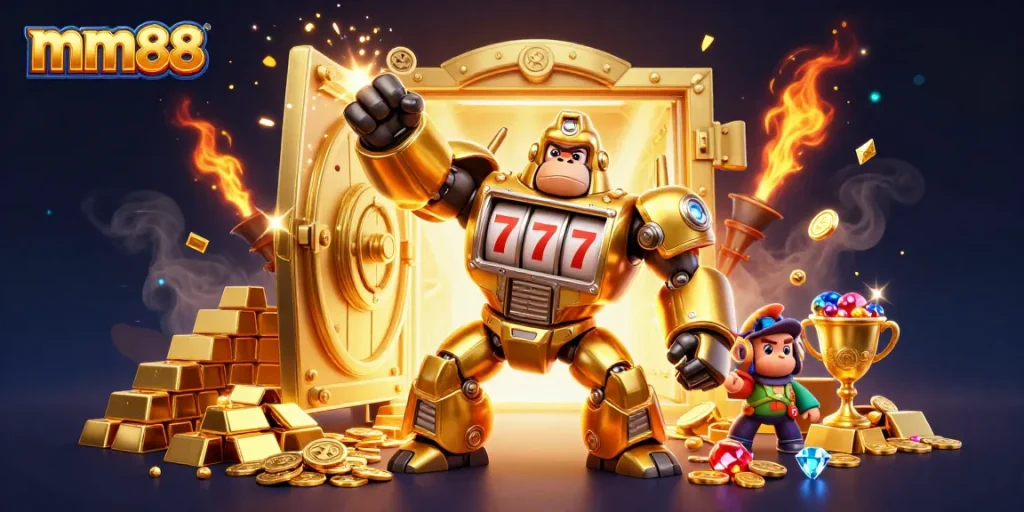 Experience thrilling excitement with mm88's golden gorilla mech amidst vibrant casino treasures.