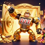Experience thrilling excitement with mm88's golden gorilla mech amidst vibrant casino treasures.