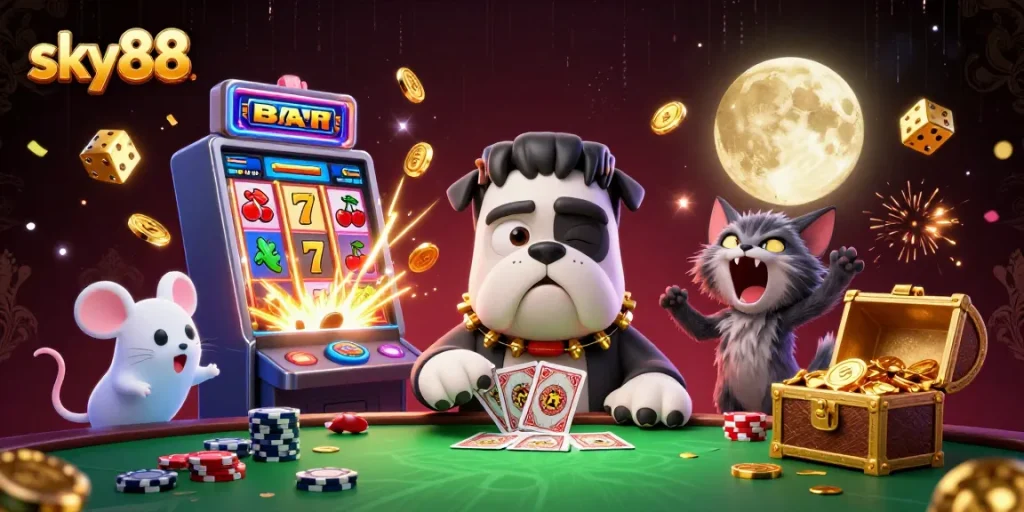 Play exciting casino games at sky88 with a cartoon Frankenstein bulldog dealer amidst gold-filled chaos.
