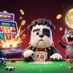 Play exciting casino games at sky88 with a cartoon Frankenstein bulldog dealer amidst gold-filled chaos.