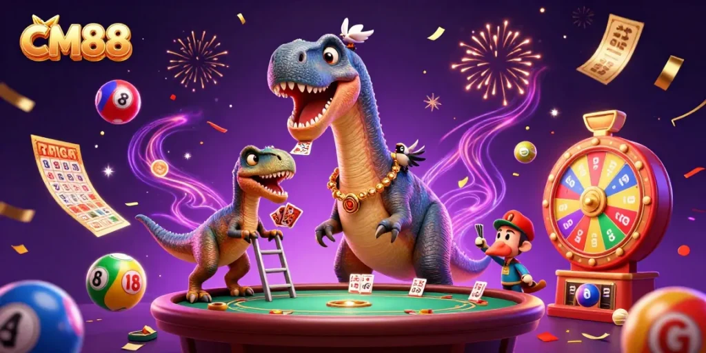 CM88 showcases a vibrant scene of a dinosaur and raptor in a dynamic casino environment, enhancing excitement.