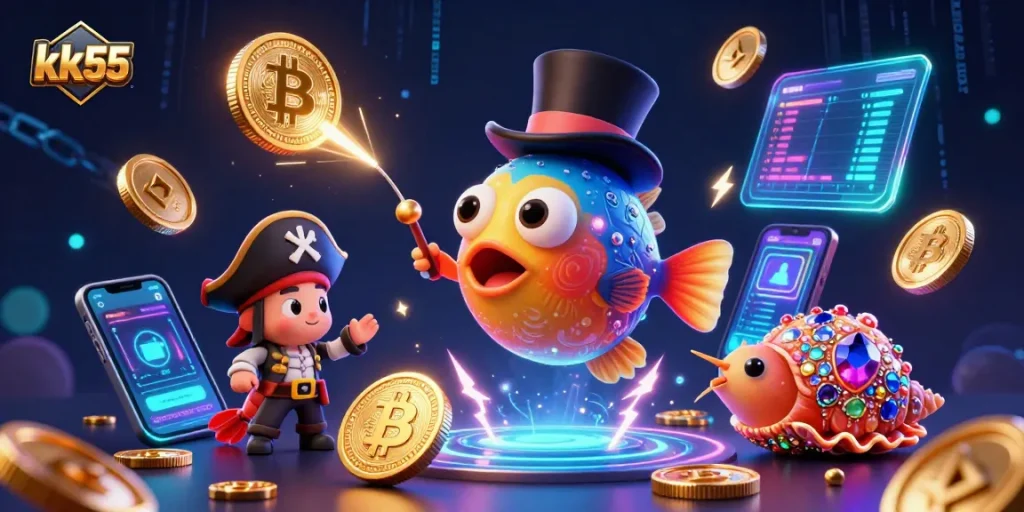Engage with kk55’s deep-sea casino adventure featuring glowing coins and vibrant crypto elements.