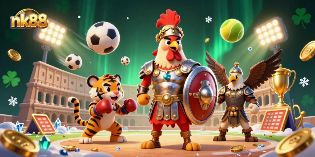 Engage in exciting gameplay at nk88 with a cartoon gladiator rooster and a tiger cub in a dynamic casino arena.