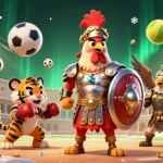 Engage in exciting gameplay at nk88 with a cartoon gladiator rooster and a tiger cub in a dynamic casino arena.