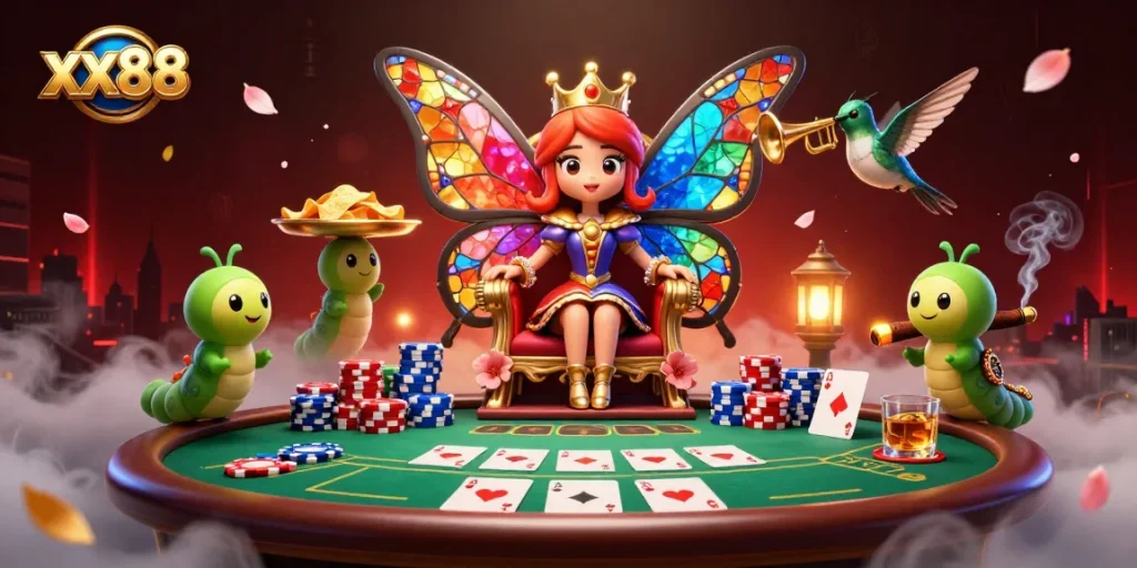 Experience excitement at xx88 with a vibrant 3D casino scene featuring a butterfly queen and poker dynamics.