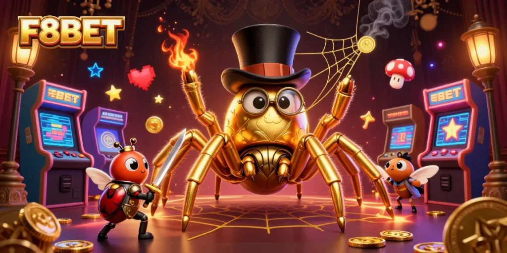Engage with F8BET's vibrant casino world featuring a golden tarantula, brave beetle knight, and animated game elements.
