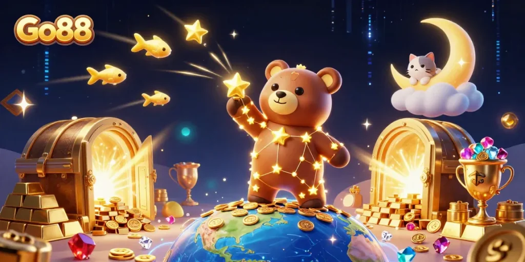 Engage with Go88's exciting universe as the constellation bear scoops coins amidst dynamic casino imagery.