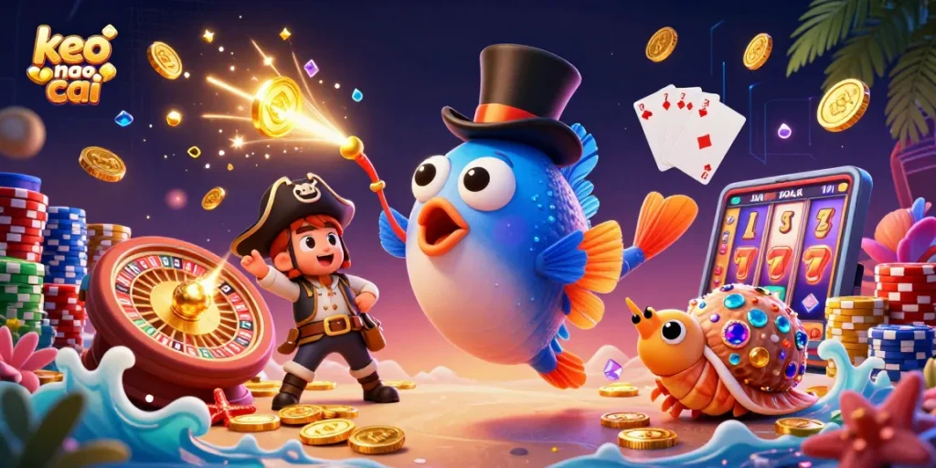Experience exciting keo nha cai action with treasure-laden sea characters amid cascading coins and vibrant casino elements.