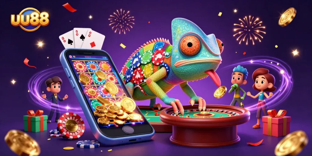Experience thrilling gameplay at uu88 with a vibrant chameleon casino owner and dynamic gaming elements.