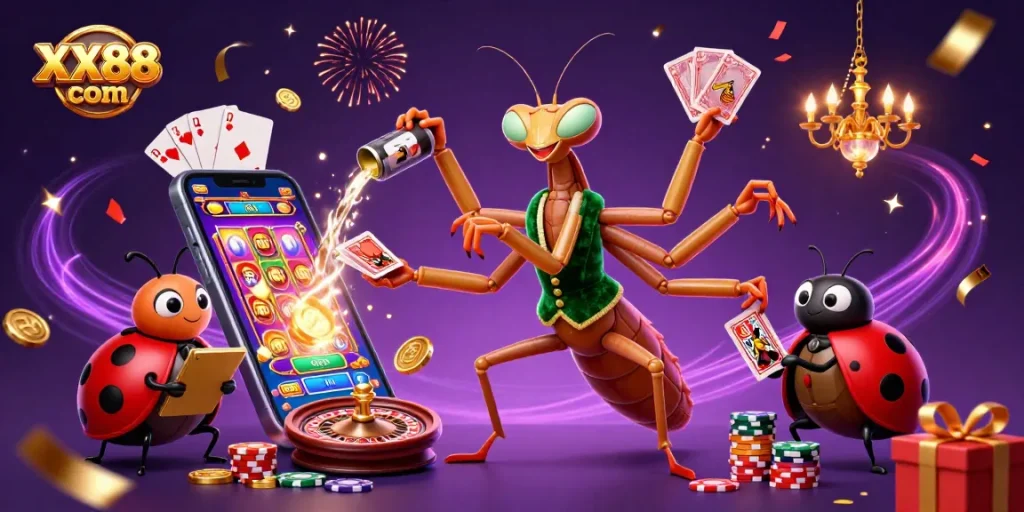 Experience the thrill of XX88 com with vibrant casino illustration featuring a praying mantis and ladybug.