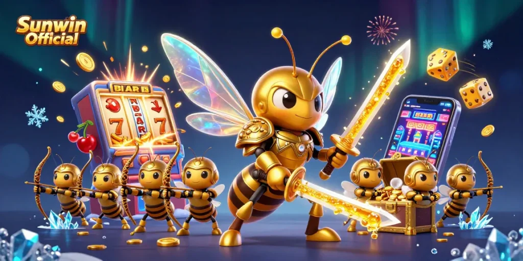 Experience thrilling gameplay at Sunwin Official with 3D cartoon characters amidst vibrant casino elements and jackpots.