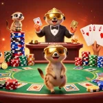 Meerkats running a vibrant d-y casino operation with poker elements and dynamic gameplay.