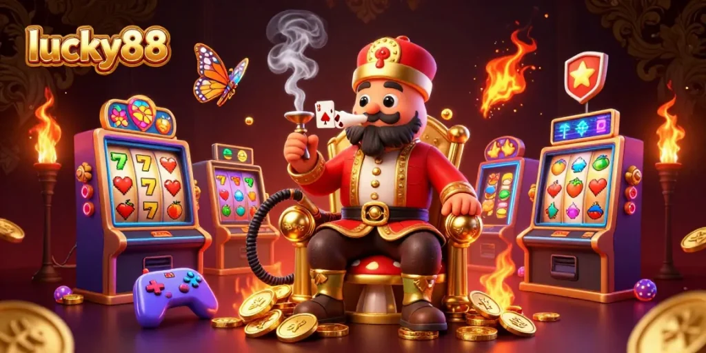 Experience lucky88 with a vibrant casino scene featuring a caterpillar hookah-master amidst lively slot machines.