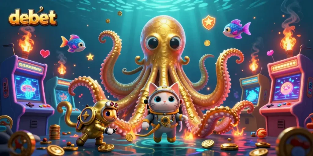 The debet-themed 3D illustration showcases a kraken, diving cat, and bioluminescent fish amidst vibrant casino game elements.