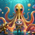 The debet-themed 3D illustration showcases a kraken, diving cat, and bioluminescent fish amidst vibrant casino game elements.