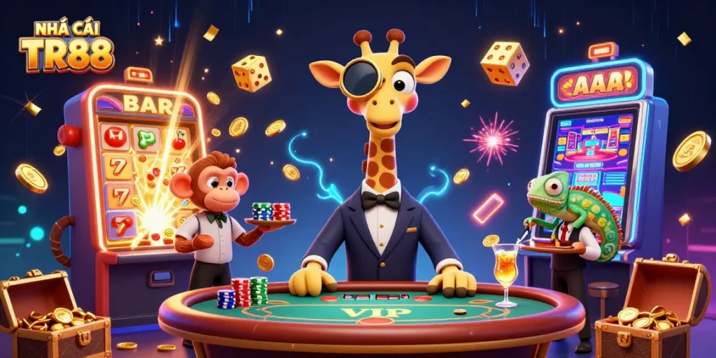 Experience NHÀ CÁI TR88's rich gaming atmosphere with a vibrant 3D casino scene bursting with excitement.